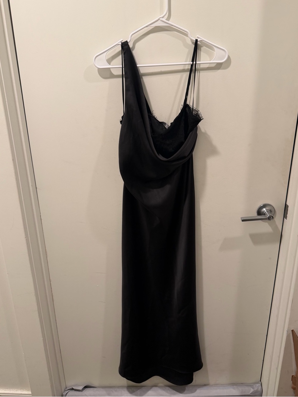 Zara Black Satin Cowl Slip Dress with Lace Trim